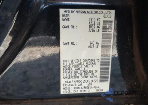 2013 Nissan Altima 2.5 Sl z USA, uszkodzony, nr VIN 1N4AL3AP9DC205965